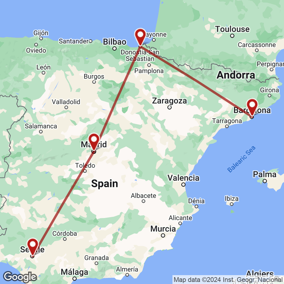 Route for Barcelona, San Sebastian, Madrid, Seville tour